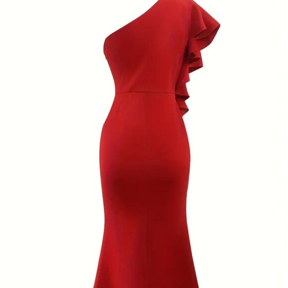 Elegant Split Hem Ruffle Trim One Shoulder Dress - Picture 5 of 6